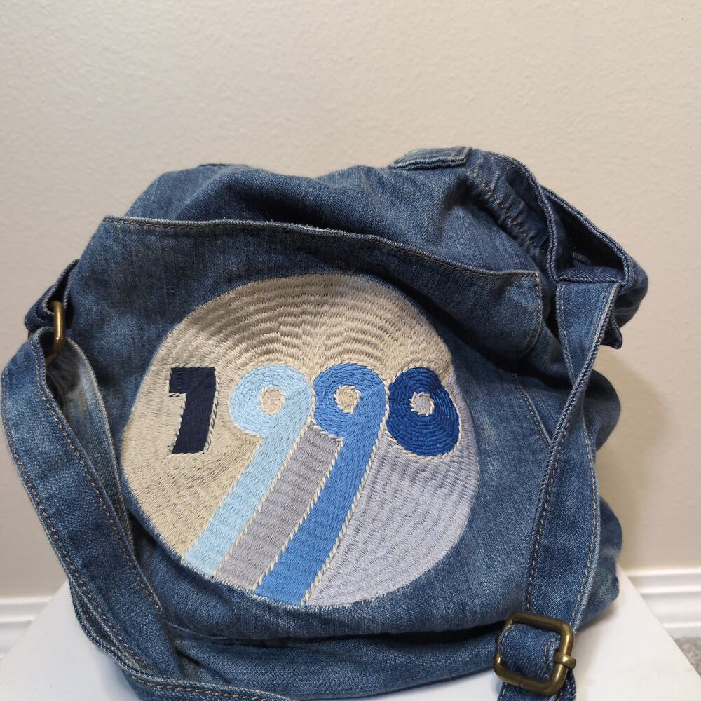 Denim Bucket Bag with Embroidered 1990 Boho